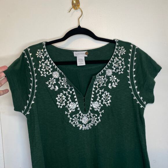 Soft Surroundings Boho Nightgown Maxi Dress Sequin Embroidered Green White Sz M - Picture 10 of 10